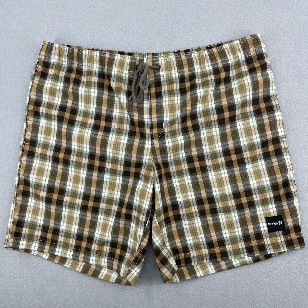 Hurley Mens Plaid Board Shorts Brown Tan Drawstring Swim Trunks MW641VO Size M